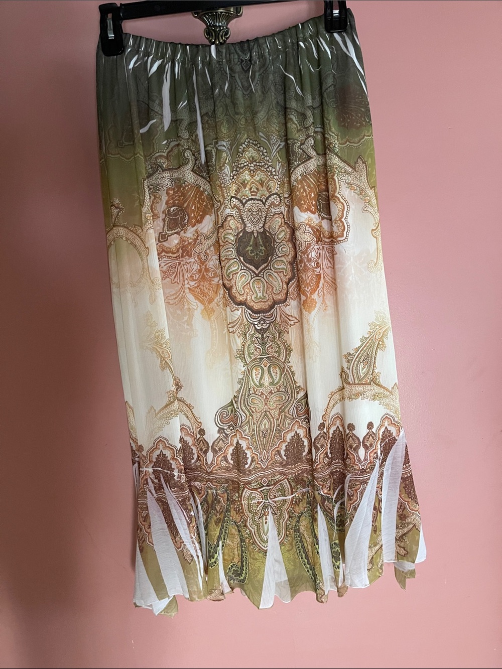 Bohemian Olive & Cream Printed Maxi Skirt